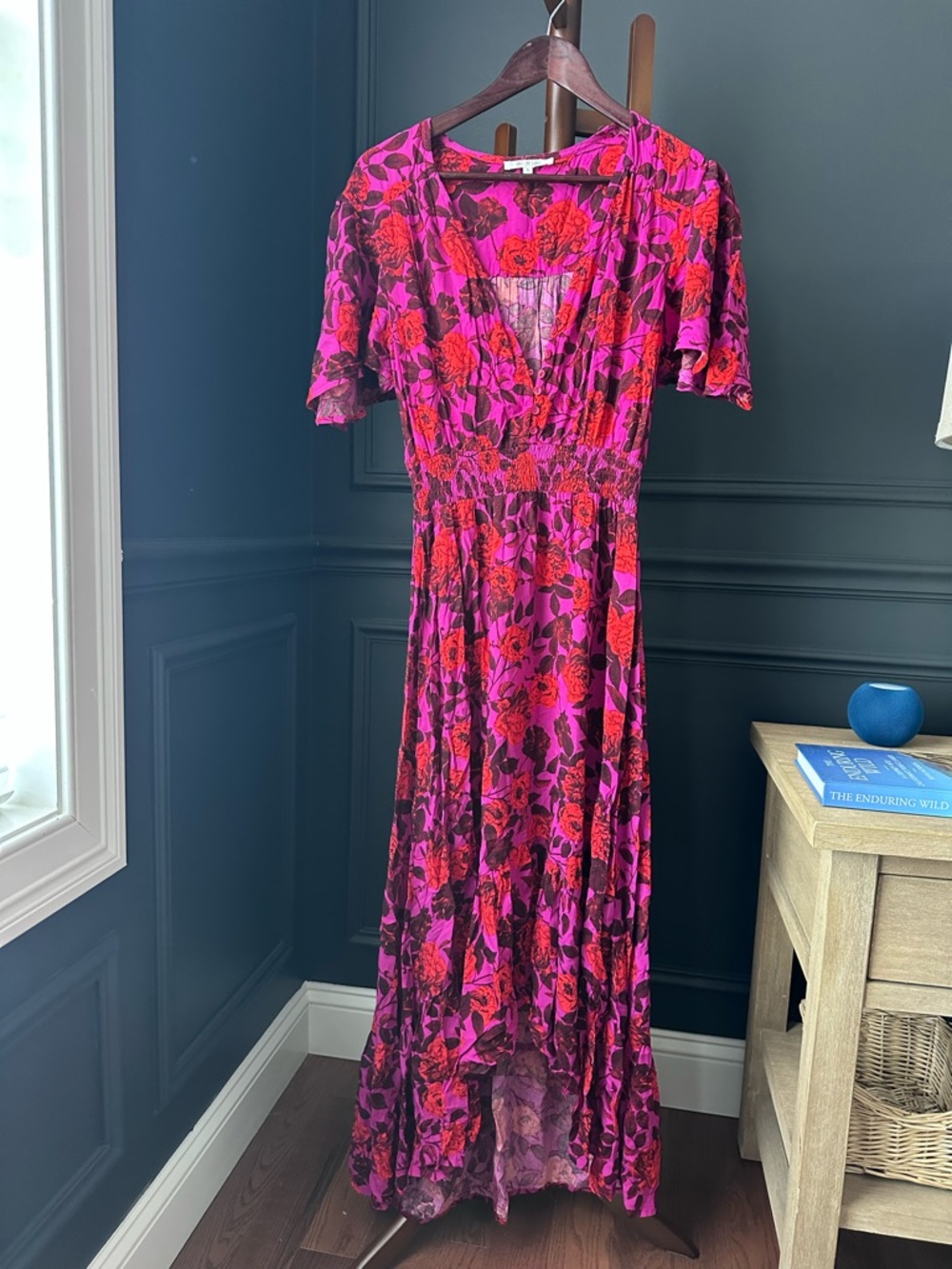 ABEL THE LABEL Floral V-Neck Maxi 100% rayon Dress in Fuchsia and Red -S